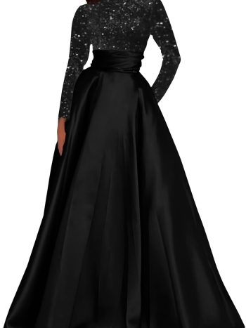 Crew-Neck Satin A-Line Long Evening Gown (Sequin Prom Dress)
