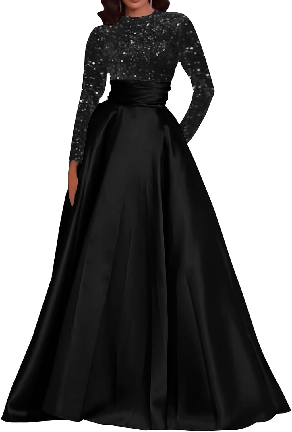 Crew-Neck Satin A-Line Long Evening Gown (Sequin Prom Dress)