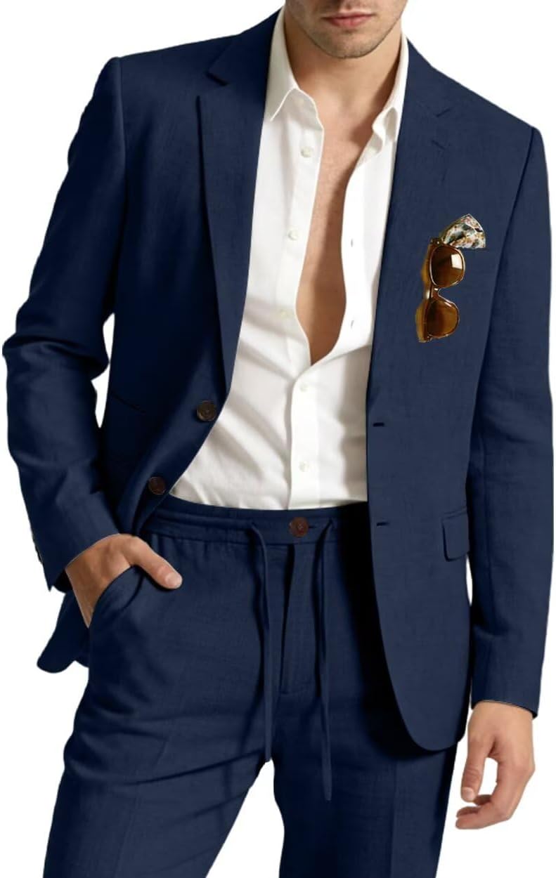 Casual Linen Two-Piece Suit (Drawstring Pant | Vacation Wear)