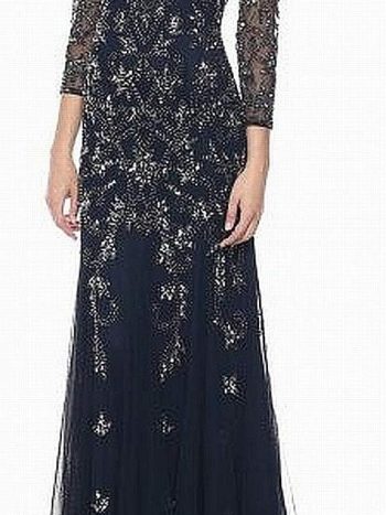 Embroidered Beaded Long-Sleeve Floor-Length Evening Gown (Intricate Crystal Work & Three-Quarter Sleeves)