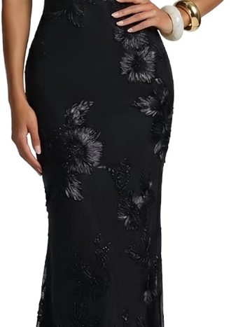 3D Satin Floral Mesh Bodycon Maxi Dress (Wedding Guest, Cocktail & Prom)