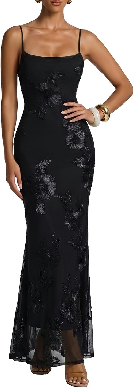 3D Satin Floral Mesh Bodycon Maxi Dress (Wedding Guest, Cocktail & Prom)