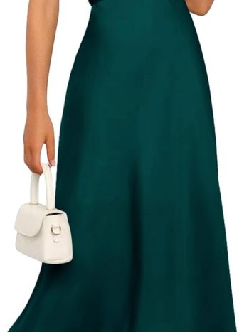 Silky Off-Shoulder Short-Sleeve Satin Midi Dress (Ruffle Mermaid Hem, Wedding Guest, Cocktail & Prom)