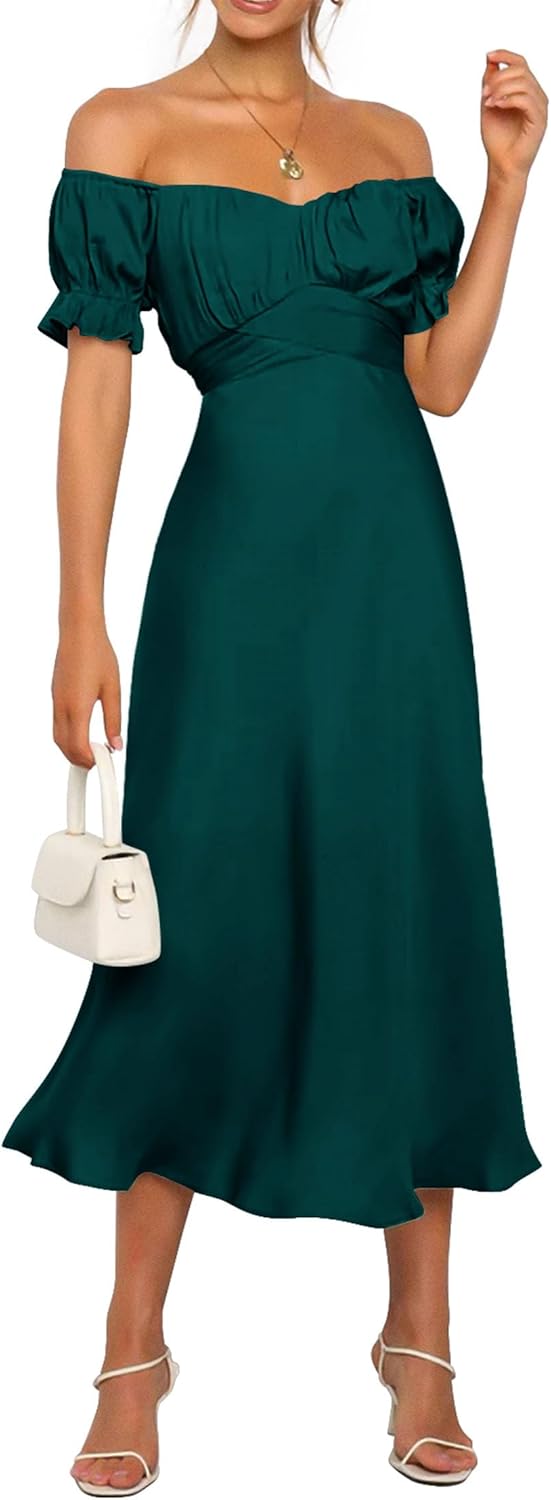 Silky Off-Shoulder Short-Sleeve Satin Midi Dress (Ruffle Mermaid Hem, Wedding Guest, Cocktail & Prom)