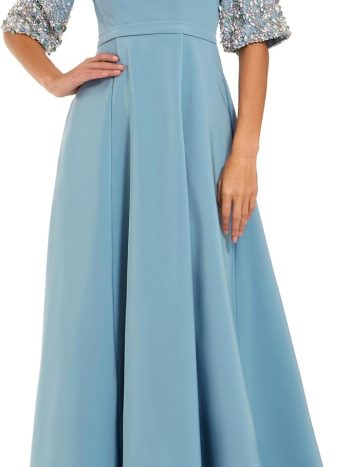 Long Three-Quarter Sleeve Formal Dress with Cinched Tie Waist (Petite & Regular Sizing)