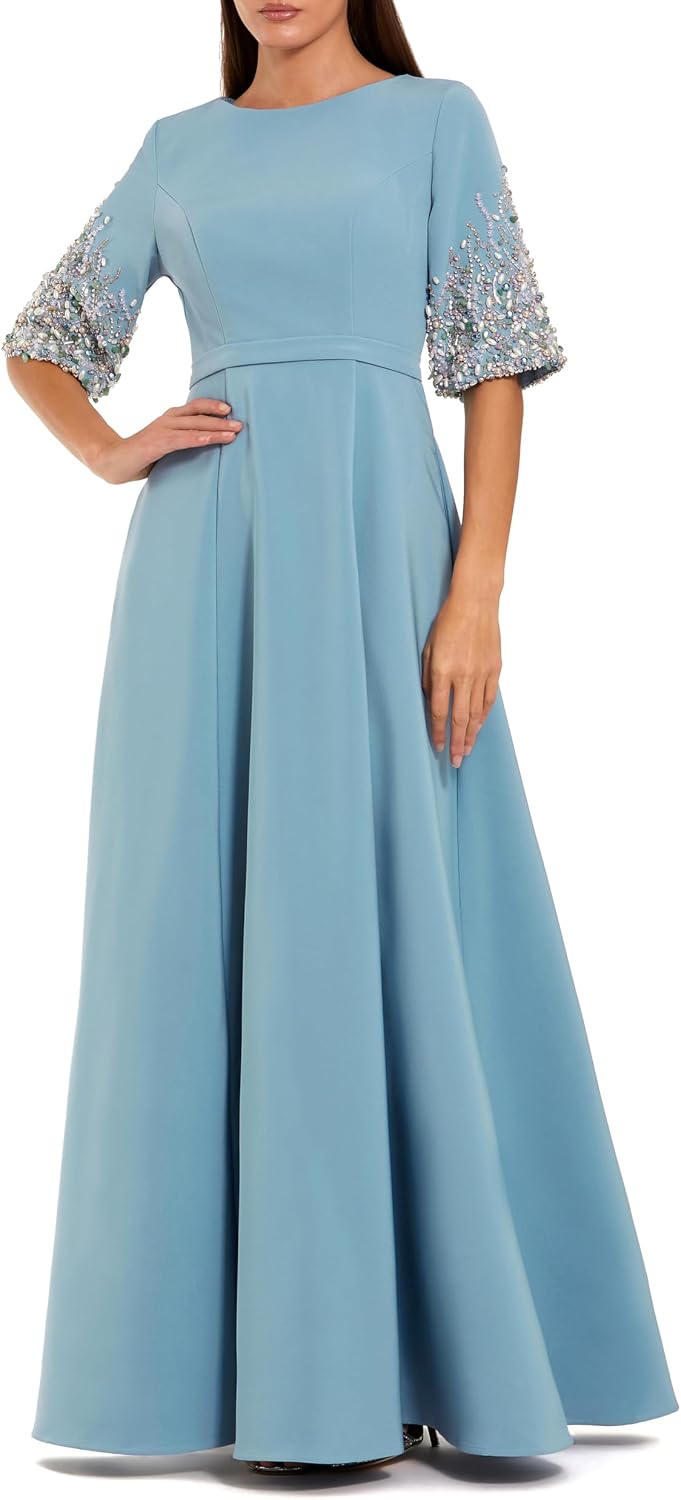 Long Three-Quarter Sleeve Formal Dress with Cinched Tie Waist (Petite & Regular Sizing)