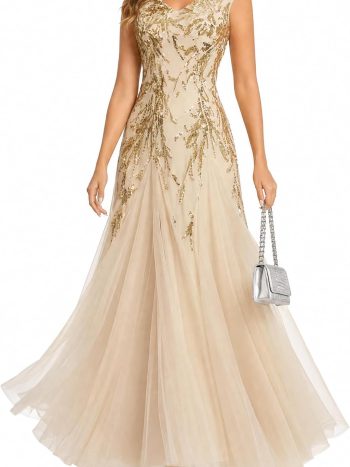 Sleeveless A-Line Sequin Embroidered Stretchy Maxi Gown (Mother of the Bride & Wedding Guest)