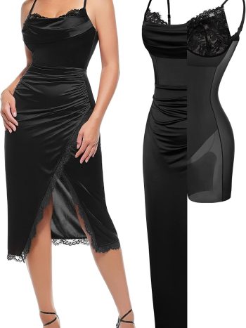 Satin Corset Lace-Trim Cocktail Dress (Ruched Tummy-Control, Prom, Birthday & Date Night)