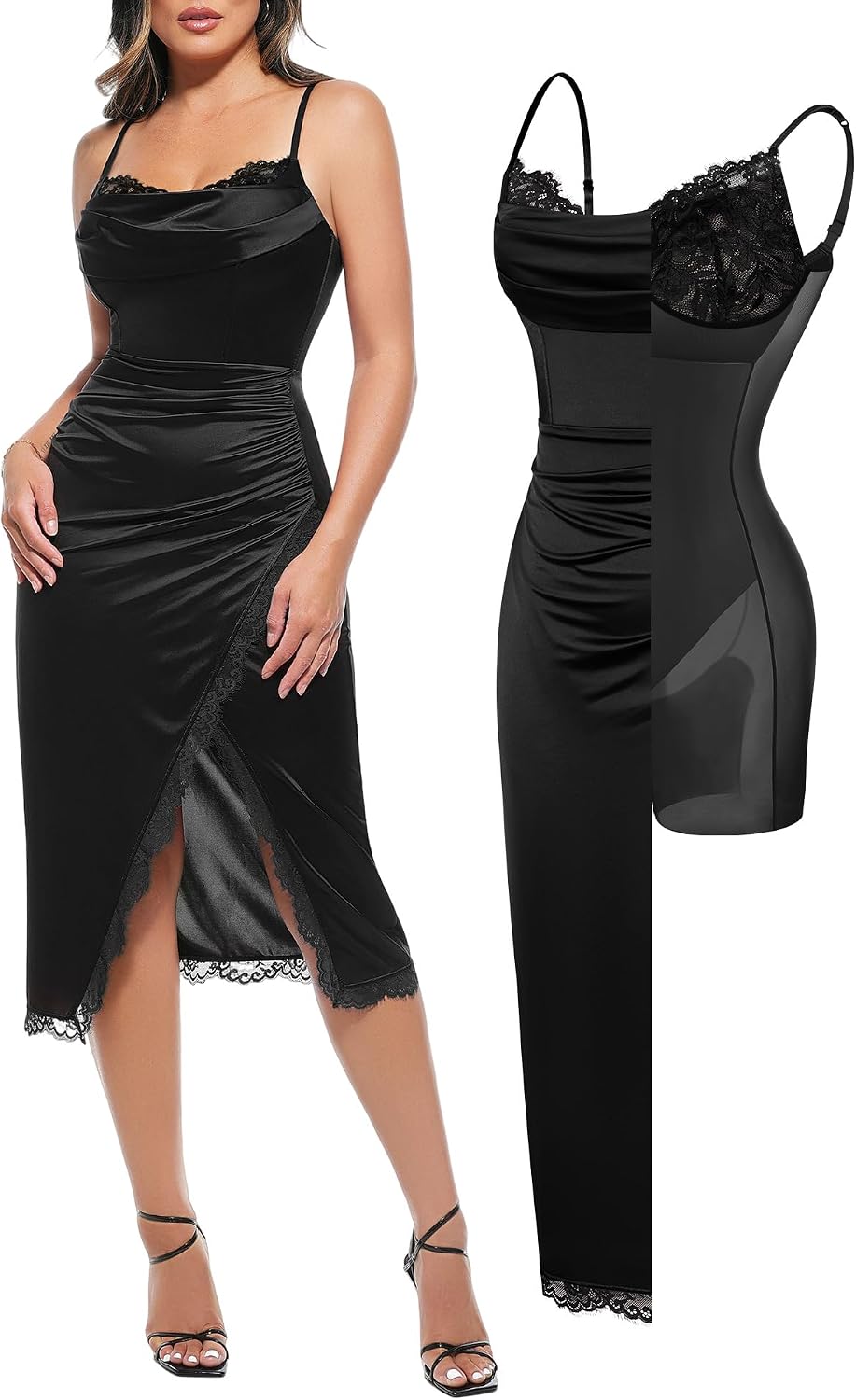 Satin Corset Lace-Trim Cocktail Dress (Ruched Tummy-Control, Prom, Birthday & Date Night)