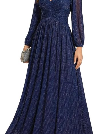 V-Neck Long-Sleeve A-Line Floor-Length Glitter Gown (Mother of the Bride & Formal Events)