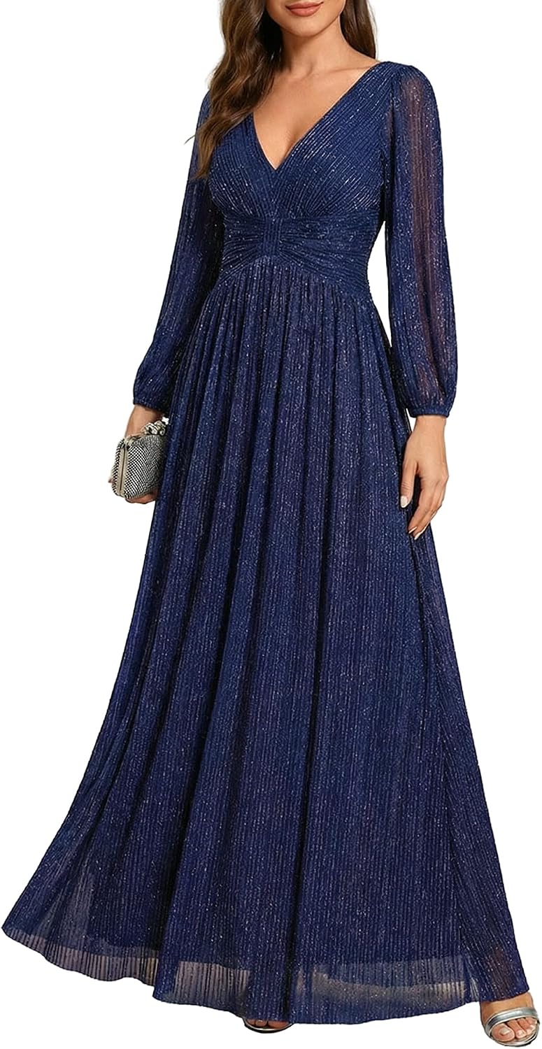 V-Neck Long-Sleeve A-Line Floor-Length Glitter Gown (Mother of the Bride & Formal Events)