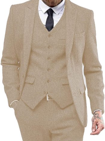 Herringbone Peak-Lapel Three-Piece Tweed Tuxedo