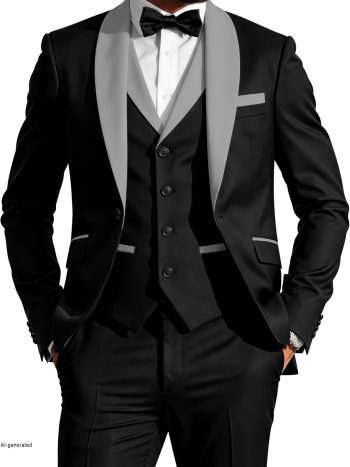 Black Shawl-Lapel Three-Piece Tuxedo (Double Vent)