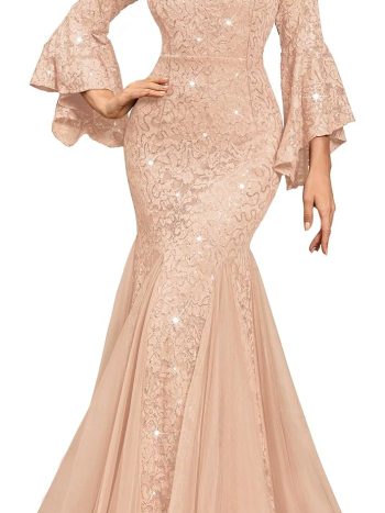 Deep V-Neck Sequin Lace Mesh Tulle Mermaid Gown (Bell Sleeve, Formal Events, Evening Party & Banquet)
