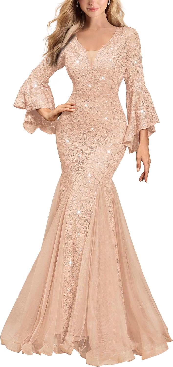 Deep V-Neck Sequin Lace Mesh Tulle Mermaid Gown (Bell Sleeve, Formal Events, Evening Party & Banquet)